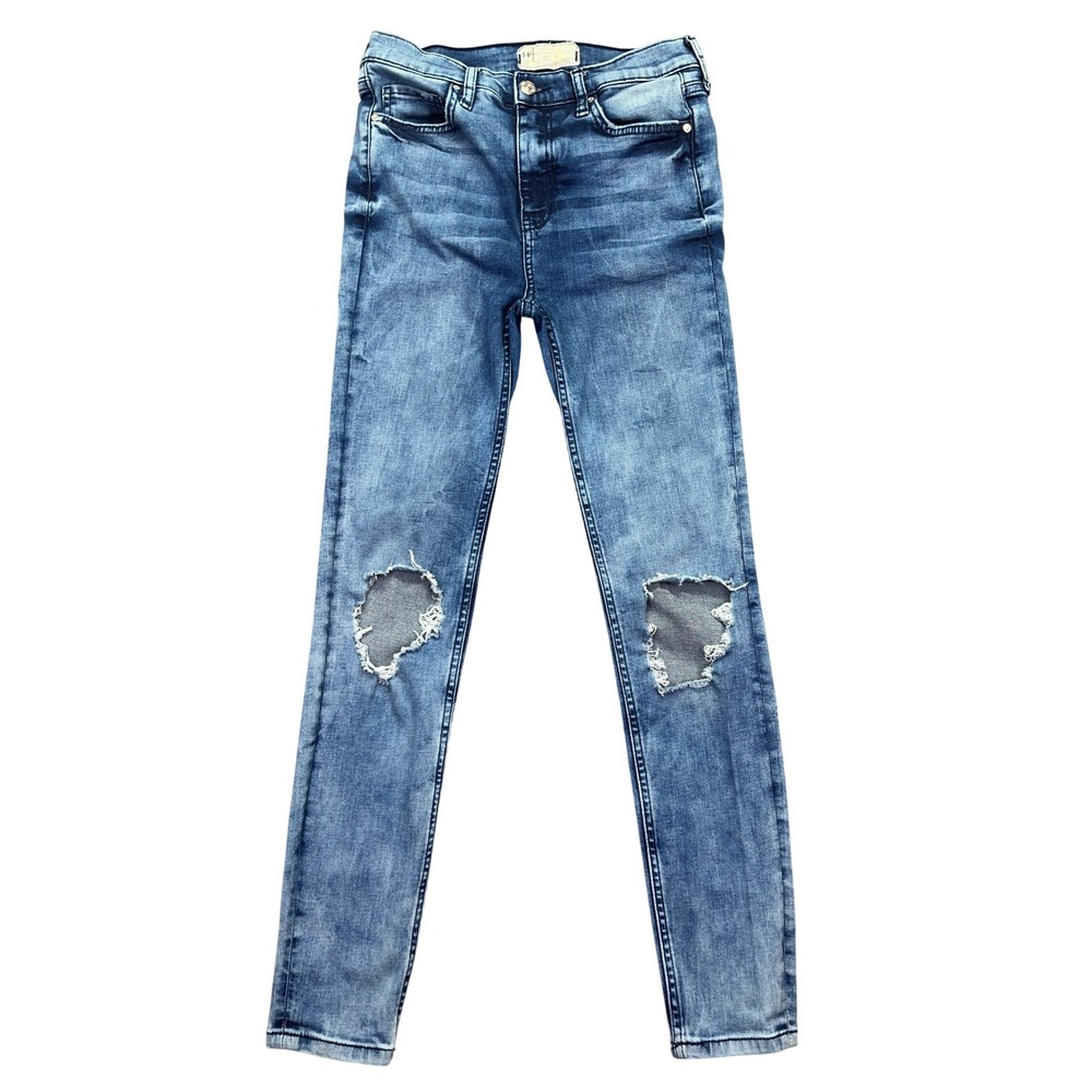 Free People Ripped Knee Skinny Jeans Distressed Denim Blue Wash‎ Sz 28 Fits 26"